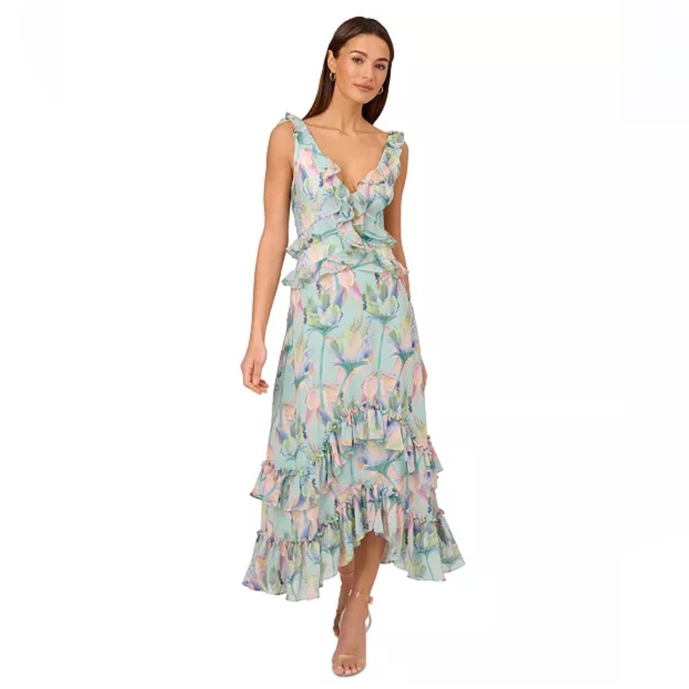 NWT,Adrianna by Adrianna Papell Floral-Print Ruffled Maxi Dress,Mint Multi